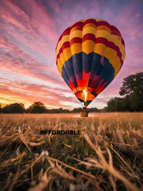 A hot air balloon in a field at sunset