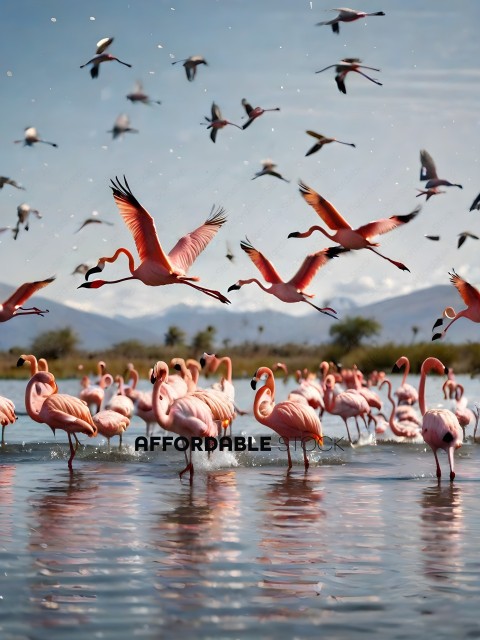 A flock of pink flamingos in a body of water