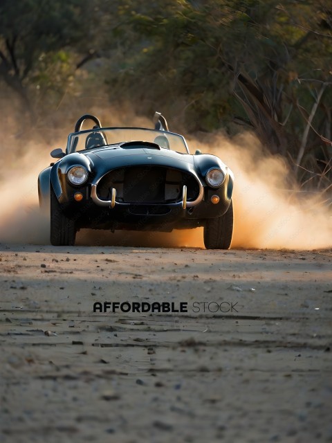 A vintage sports car driving on a dirt road