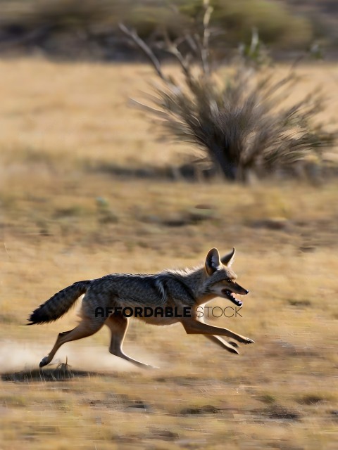 A coyote is running through a dry grass field