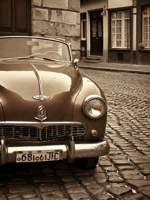 Vintage car parked on a cobblestone street