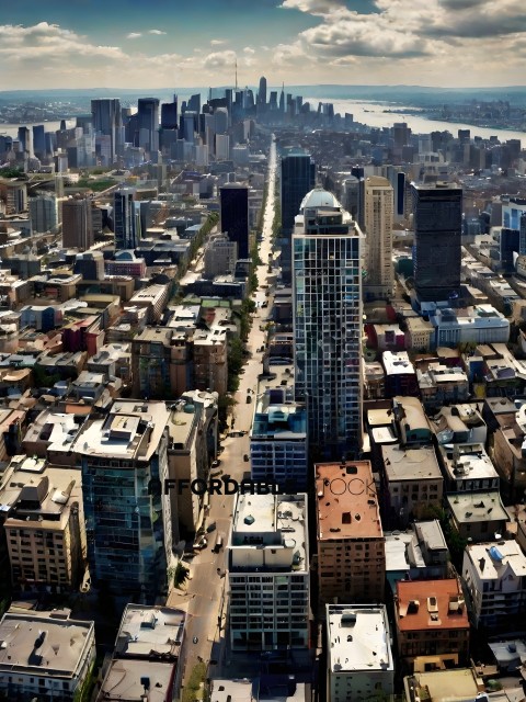 An aerial view of a large city with many skyscrapers