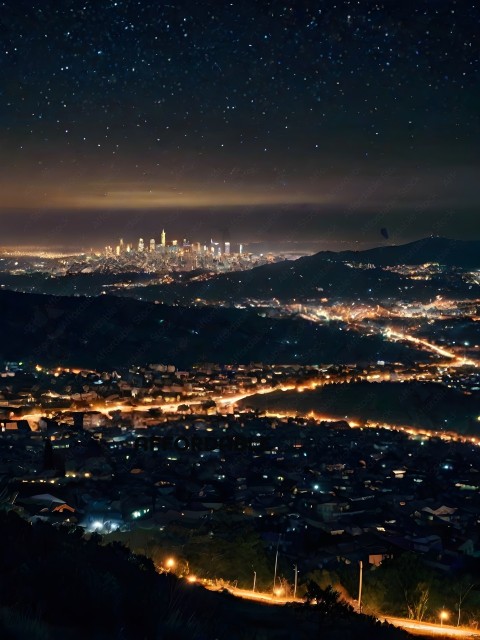 A view of a city at night with a mountain in the background