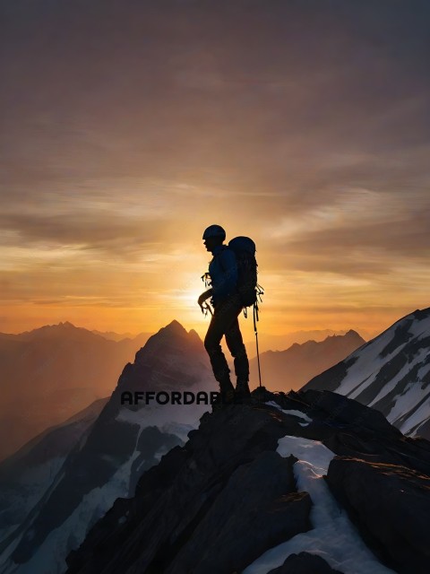 Climber on top of a mountain with a beautiful sunset in the background