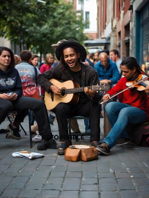 Street Musicians Playing Guitar and Violin for Money