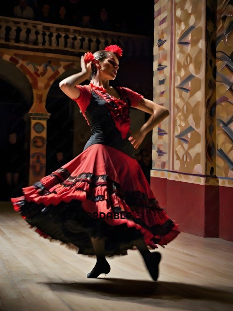 A woman wearing a red dress is dancing