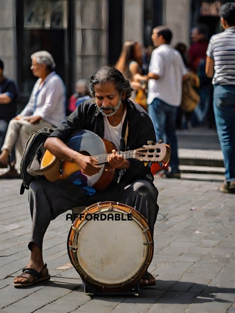 A man playing an instrument on the street
