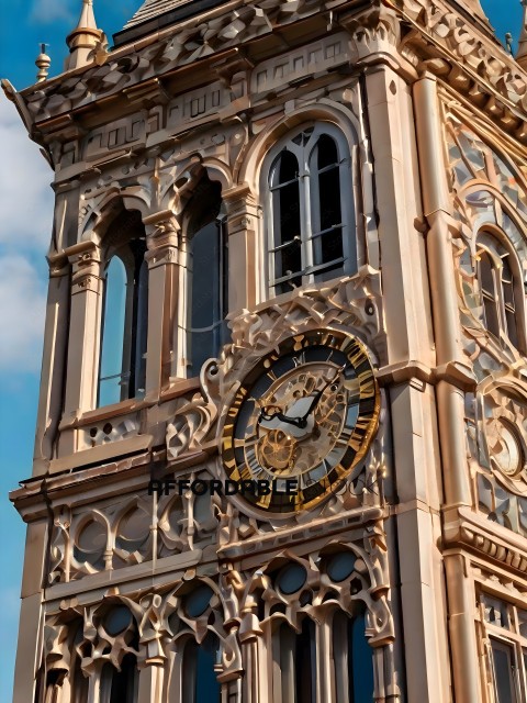 A clock tower with a gold and black clock