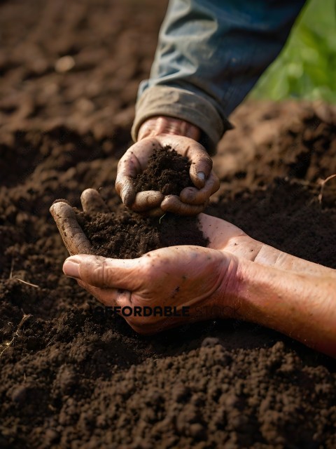 A person's hands are holding dirt