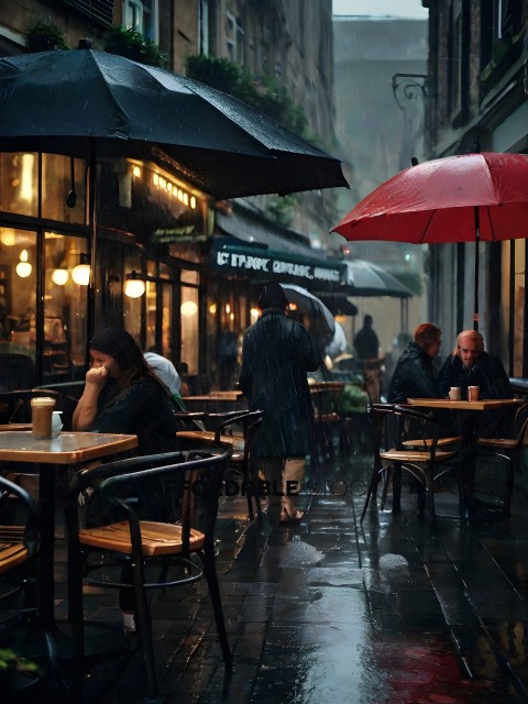People sitting at tables in the rain
