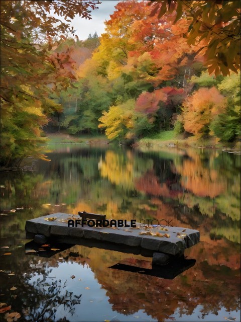 A bench sits in the middle of a lake surrounded by trees