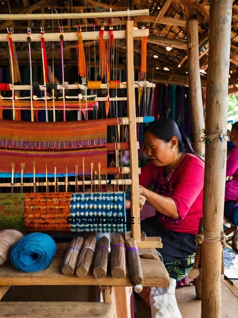A woman weaving a colorful blanket