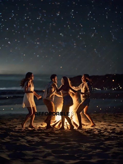 Four friends gather around a fire on the beach