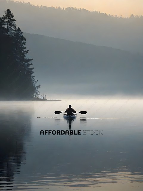 A man in a canoe on a foggy lake