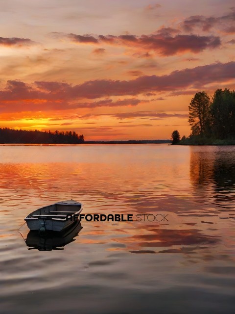 A small boat sits in the water at sunset