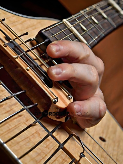 A person's hand is playing a guitar