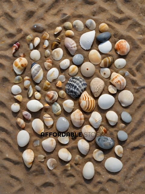 A collection of seashells on a sandy beach