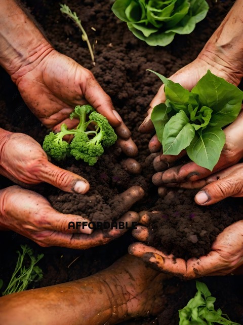 Hands planting vegetables in the dirt