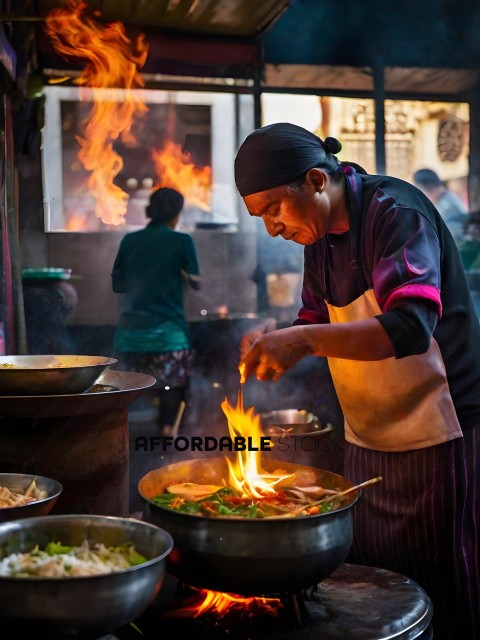 A chef cooking a meal with fire