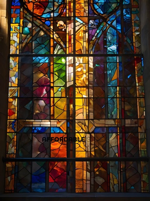 A stained glass window with a yellow and blue theme