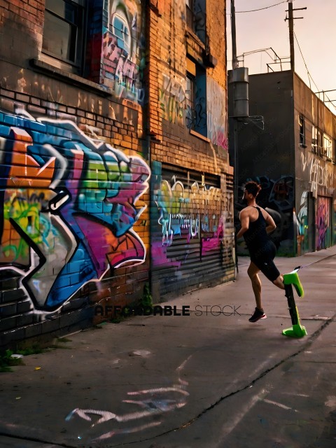 Man running on sidewalk with graffiti wall in background