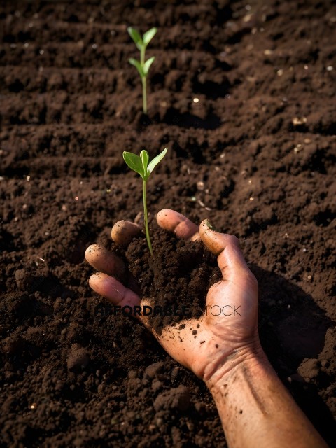 A hand holding a plant in the dirt