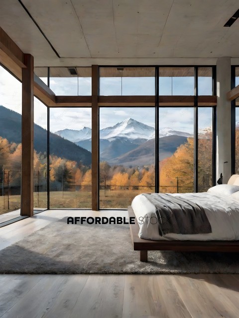 A bedroom with a mountain view and a large bed