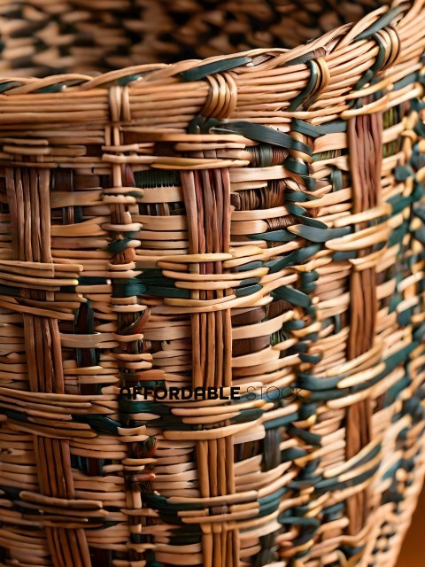 A woven basket with a green and brown pattern