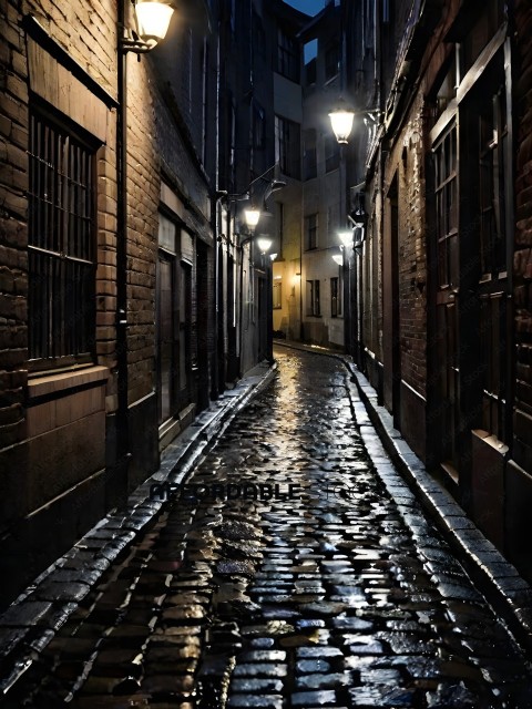 A dark alleyway with a cobblestone street