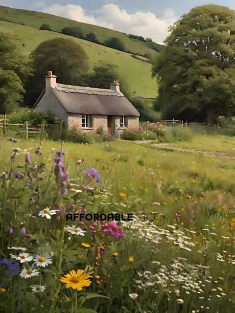 A beautiful countryside scene with a cottage and flowers