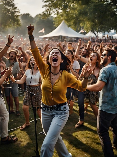 A woman in a yellow shirt is singing with a crowd