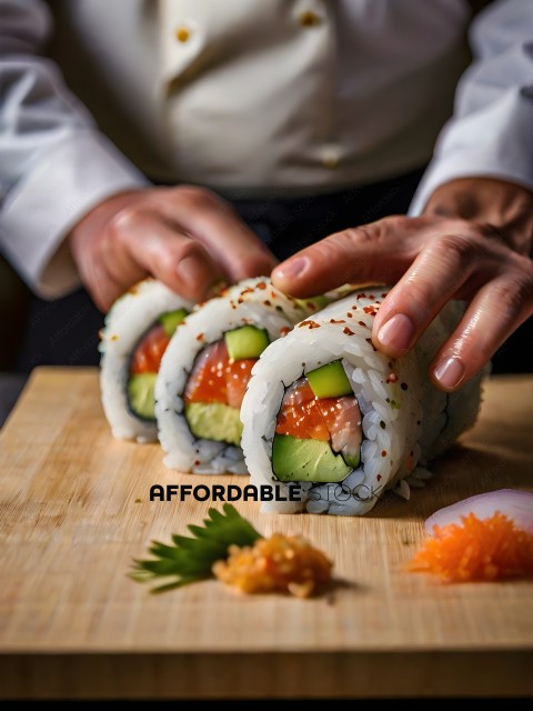 A person is preparing a sushi roll with vegetables