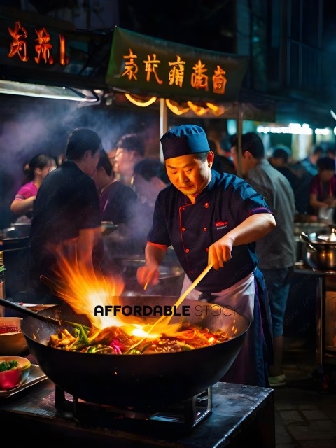 Asian Chef Cooking in a Large Wok