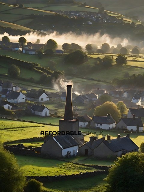 A village with a large chimney in the background