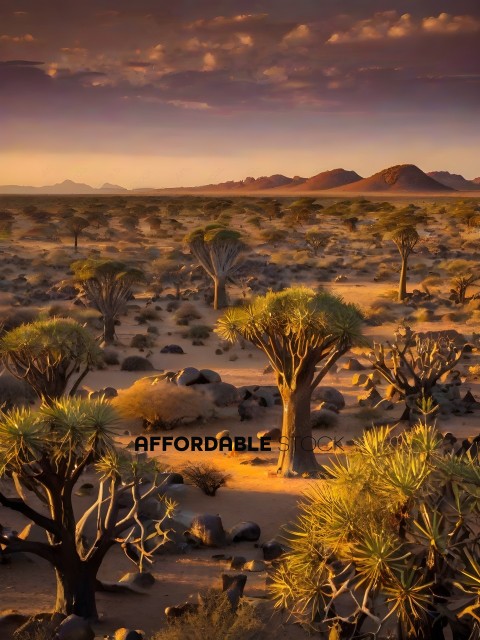 A desert scene with trees and rocks