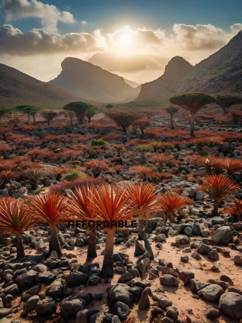 A group of red plants in a desert landscape