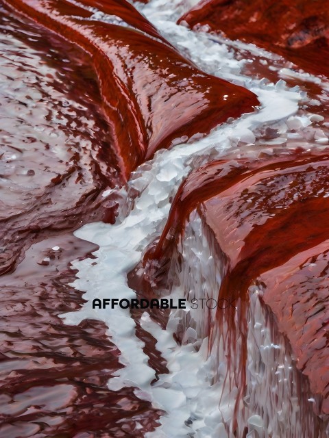 A red and white waterfall with a white frozen part