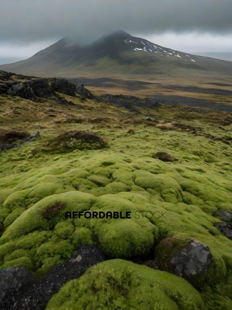 A mountain covered in moss and grass