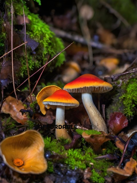 Two mushrooms with red caps and yellow stems