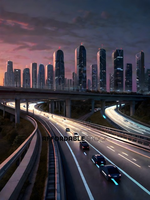 Cars on a highway with a city skyline in the background
