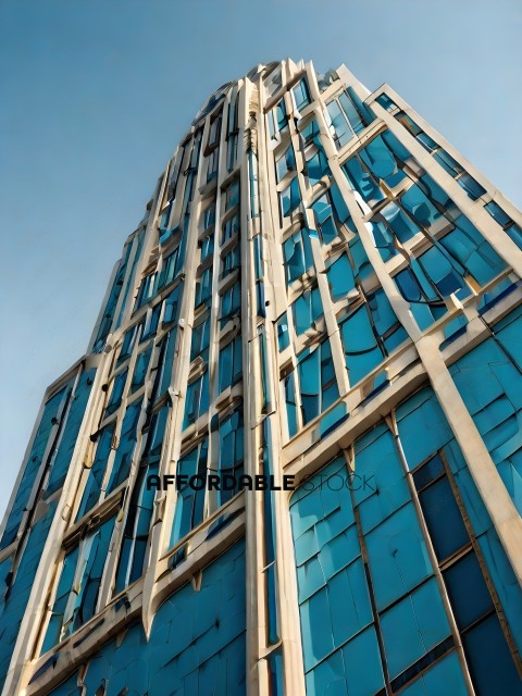 A tall building with blue and white windows