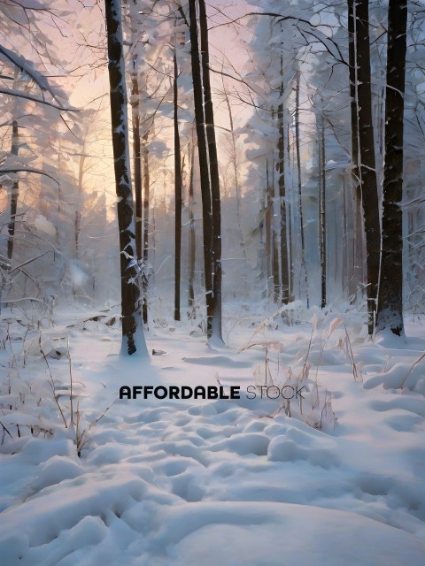 Snowy Forest Scene with Sunlight Filtering Through
