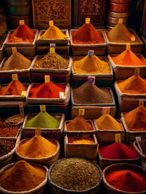 A variety of spices in wooden baskets
