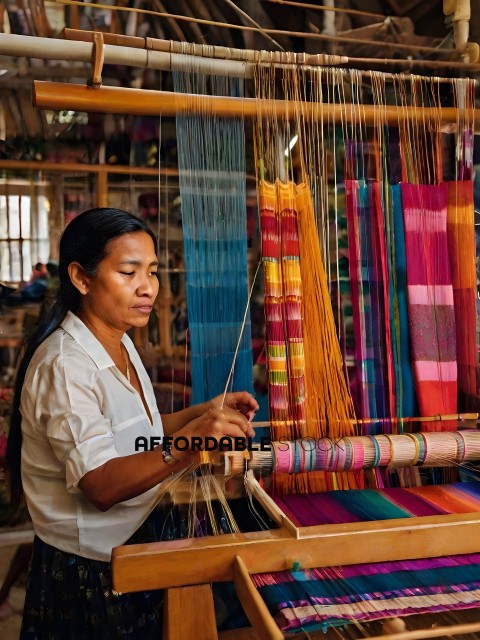 A woman weaving a colorful fabric