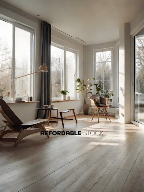 A well lit room with a wooden floor and furniture