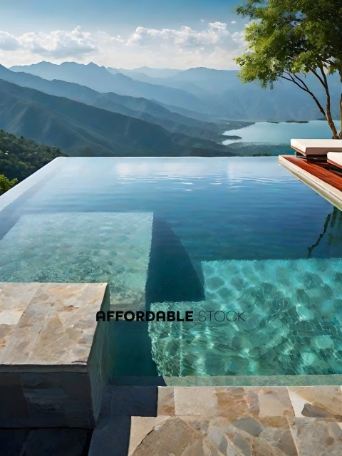 A large pool with a mountain in the background