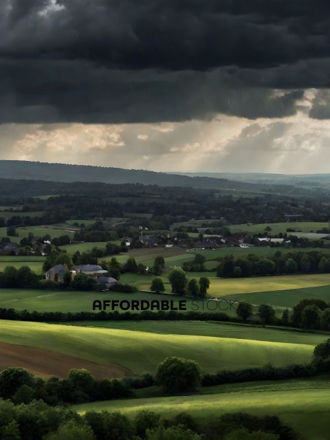 A beautiful view of a green countryside with a cloudy sky