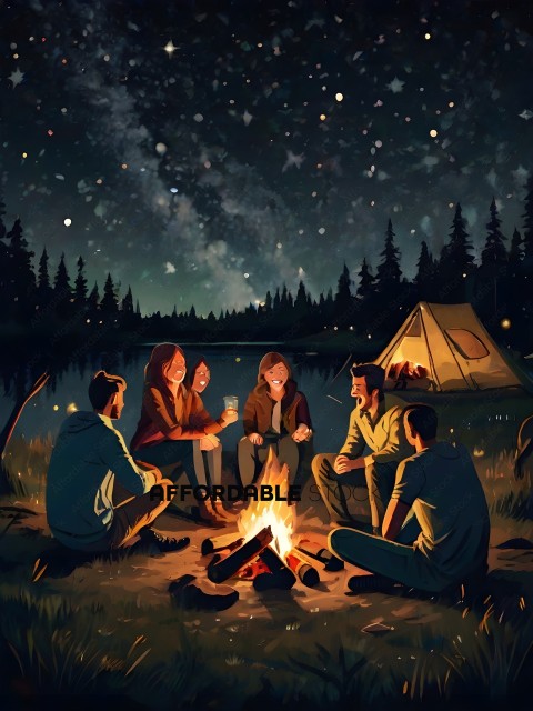 A group of people sitting around a campfire at night