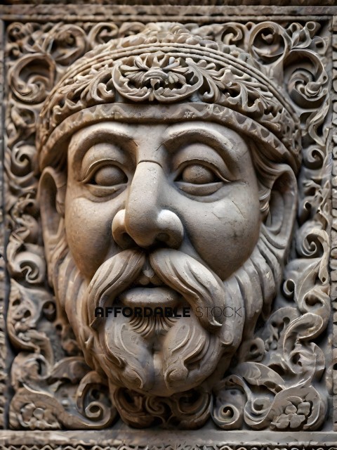 A carved stone face with a long beard