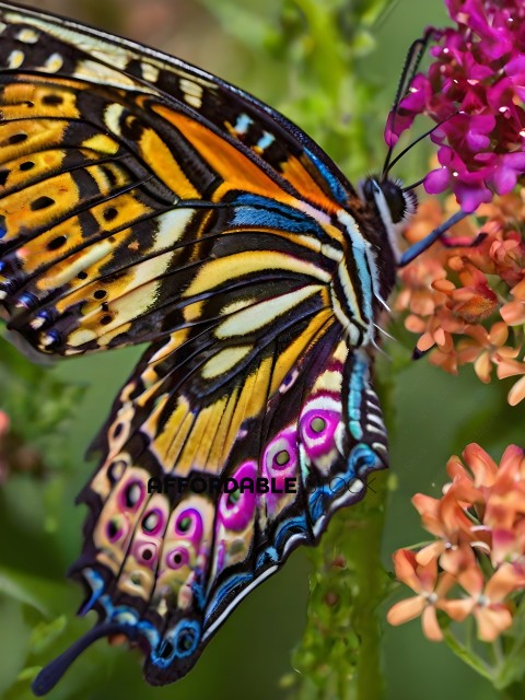 A butterfly with a blue wing and a yellow wing